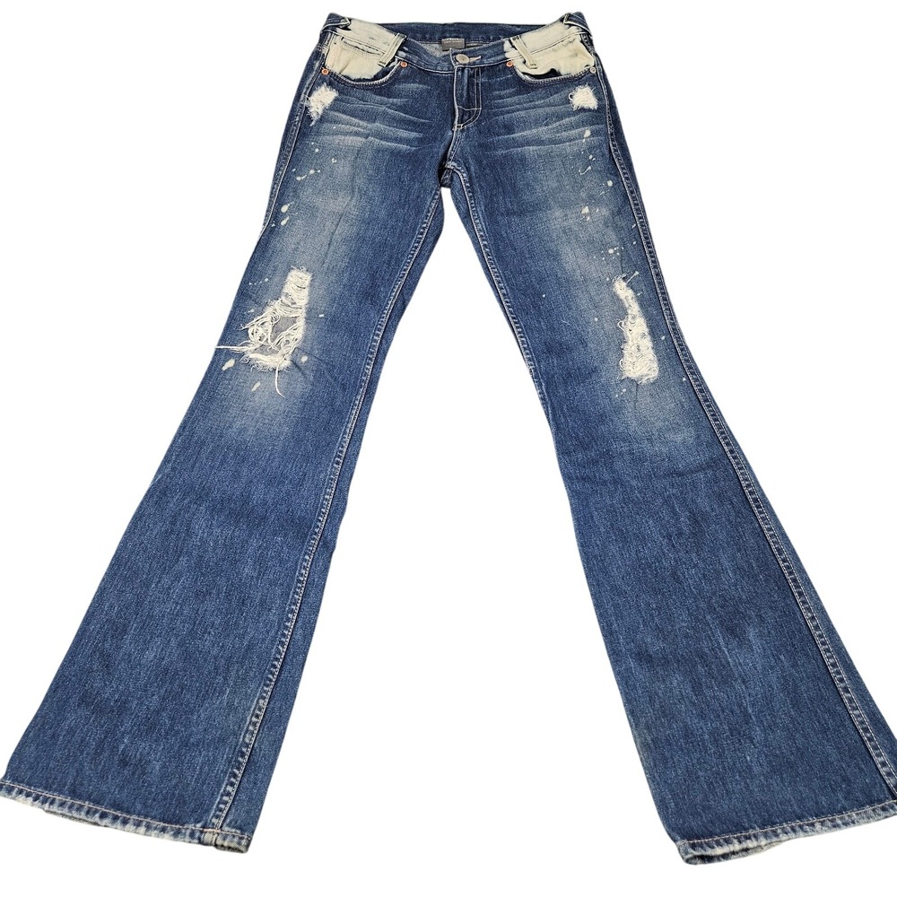 Armani Exchange Flare Jeans Womens Size 4L Blue Distressed Bleach Splatter Y2K